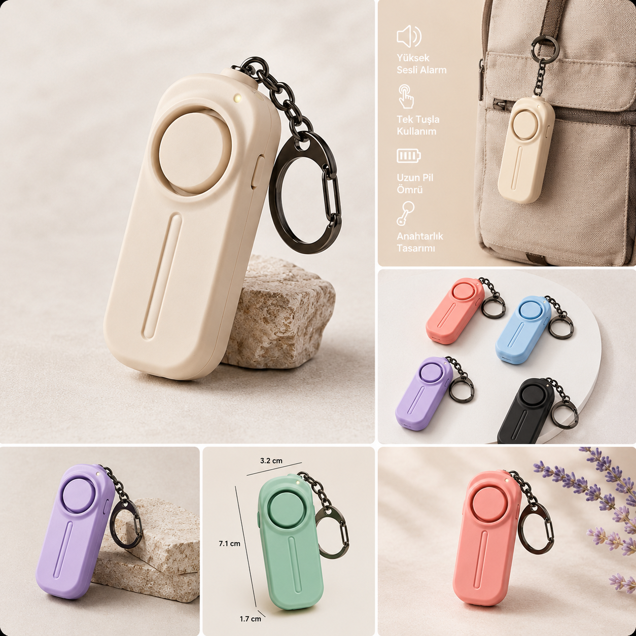 KIGU kişisel güvenlik alarmı - ürün özellikleri ve 3,2 x 7,1 x 1,7 cm ölçüleri